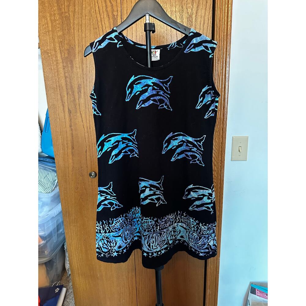 Rum Reggae Black Cotton Batik Dolphin All Over Print Sun Dress Size Small